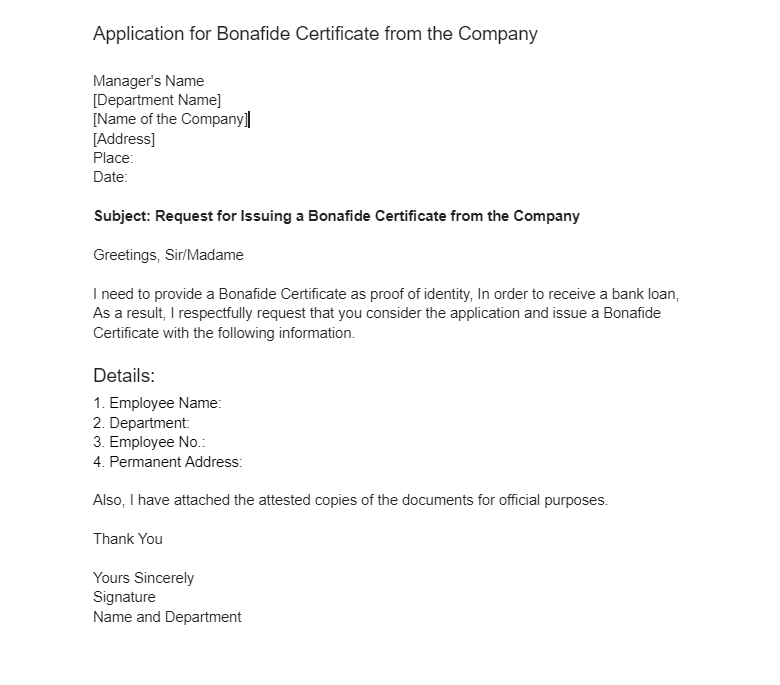 Application for Bonafide Certificate from the Company