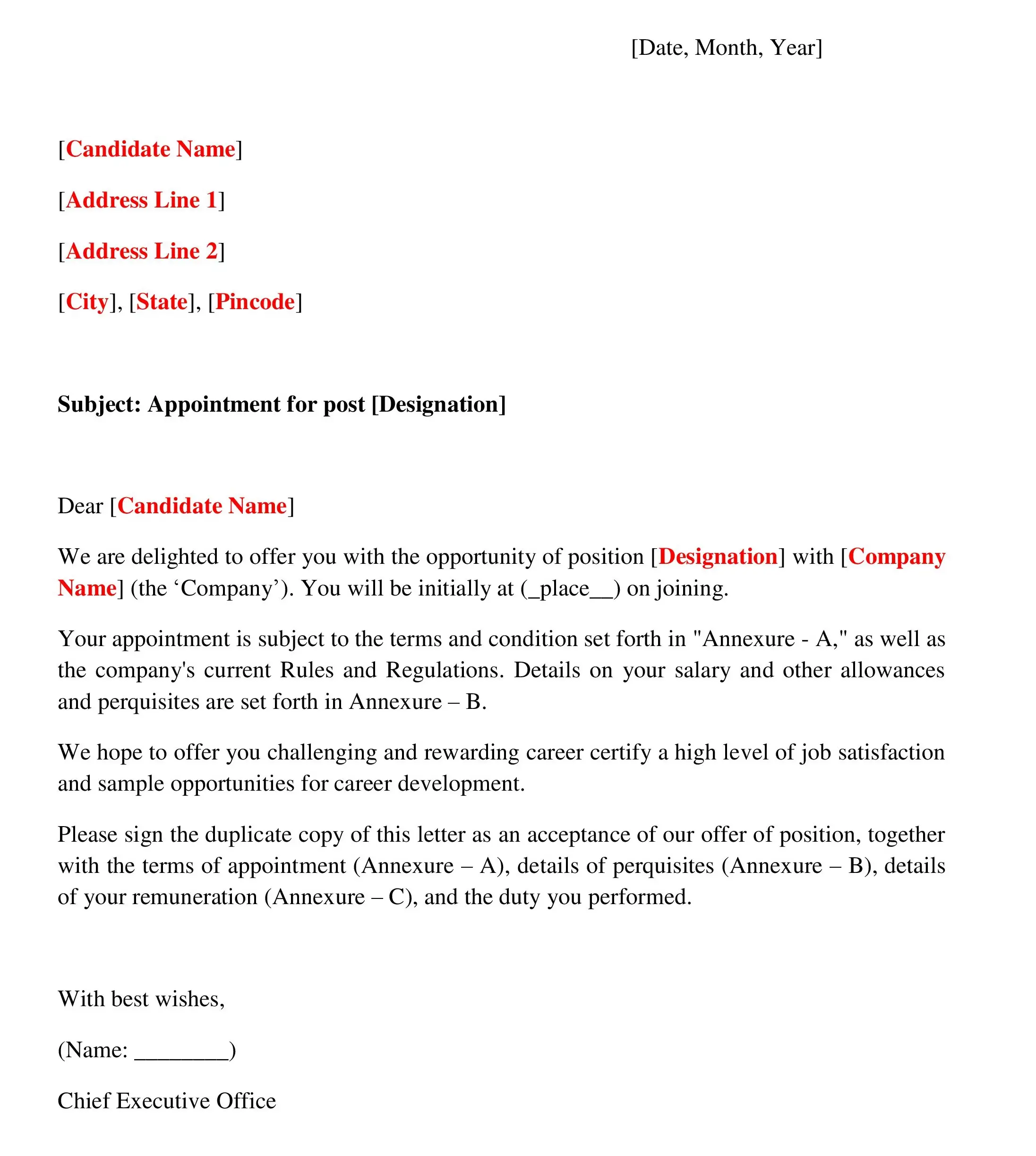 Appointment Letter Format Corpseed