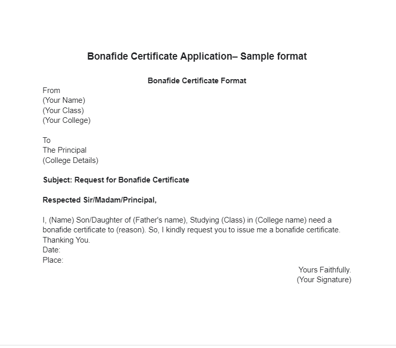 Bonafide Certificate Application– Sample format